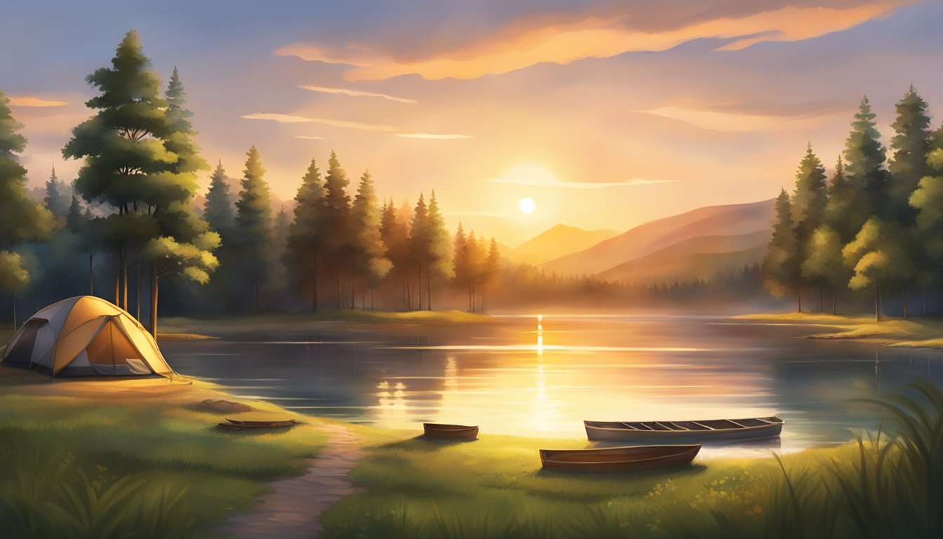 A serene lake surrounded by lush green trees, with tents and campfires dotting the shoreline. The sun sets in the distance, casting a warm glow over the tranquil scene