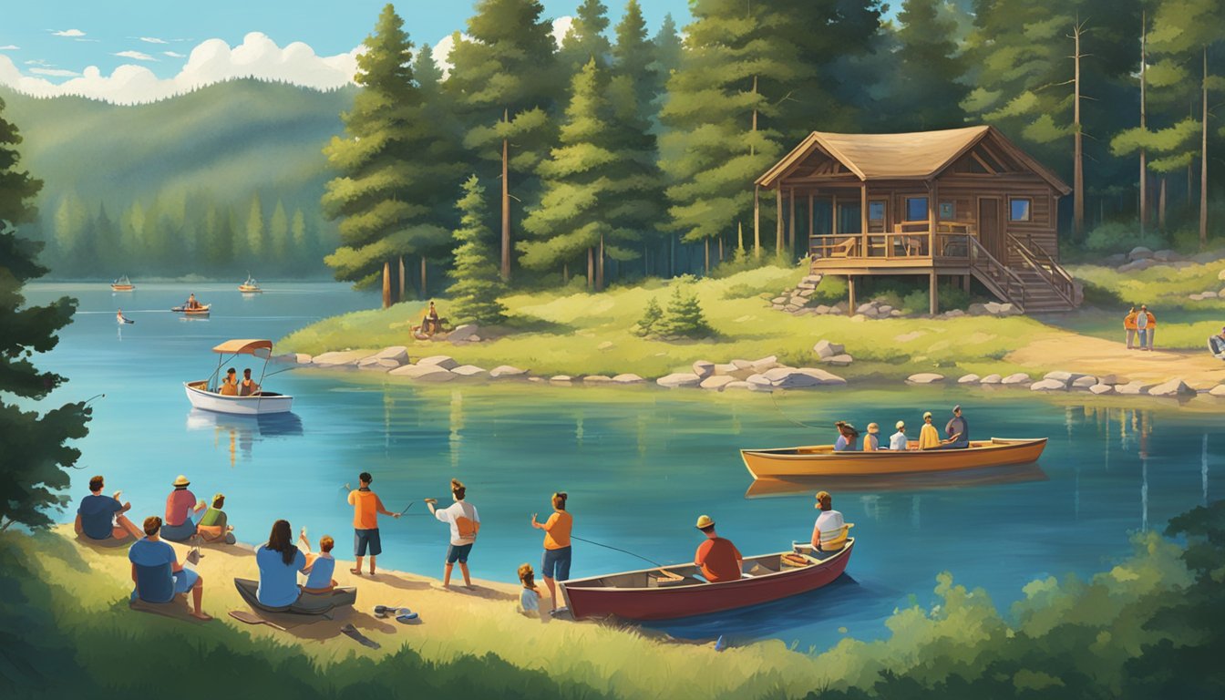 People boating, fishing, and swimming at Pactola Lake, surrounded by lush green trees and a clear blue sky. A campfire burns in the background as families gather around