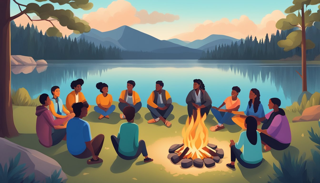 A campfire surrounded by people of different cultural backgrounds at Pactola Lake, symbolizing unity and diversity