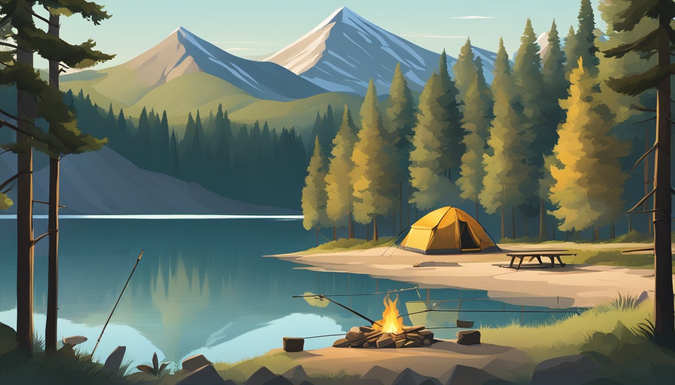 A tent pitched by Pactola Lake, with a campfire, fishing rods, and a cooler. Trees and mountains in the background