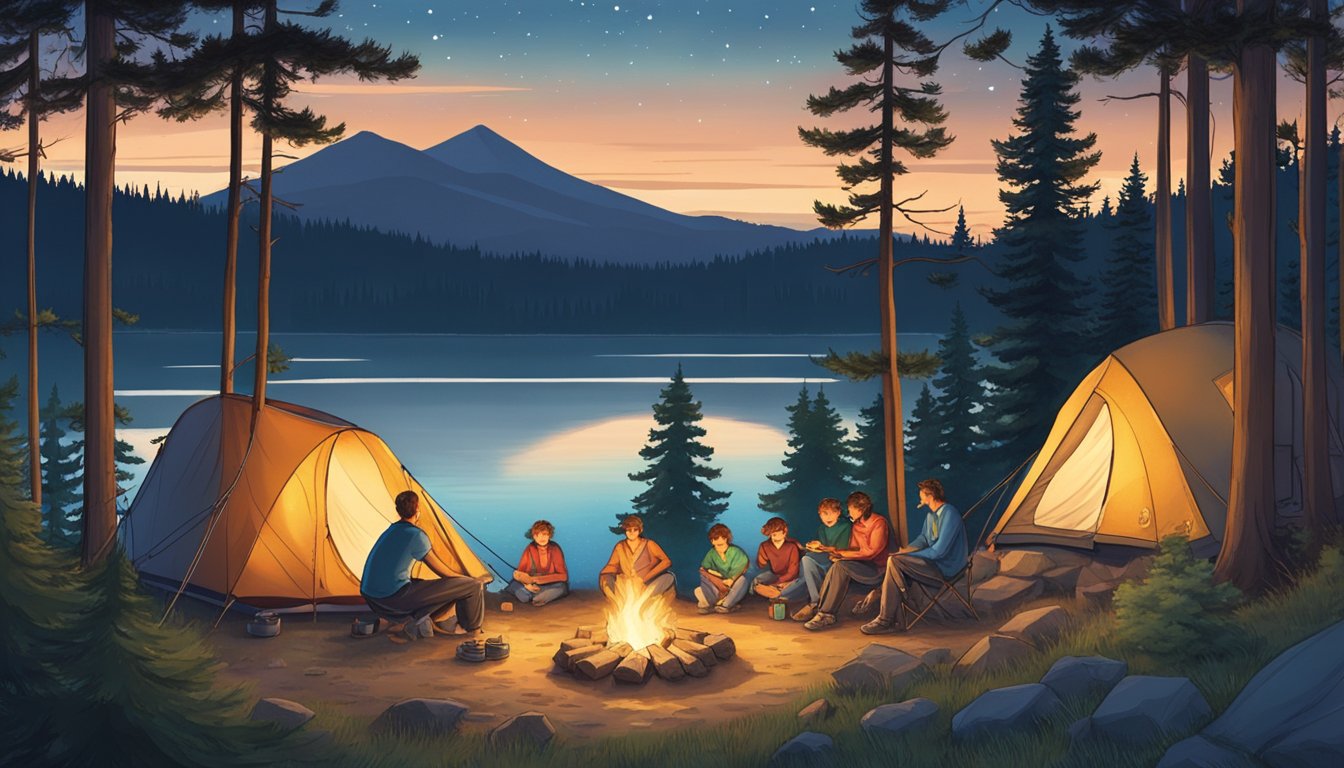 Campers setting up tents near Pactola Lake, surrounded by lush pine trees and a serene, shimmering lake. A campfire crackles as people gather around, sharing stories and roasting marshmallows under the starry night sky