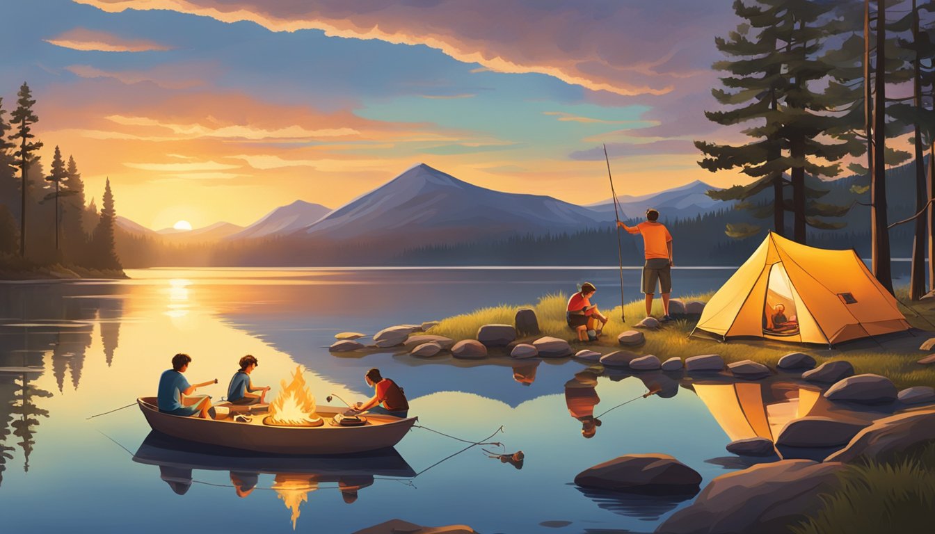 Campers setting up tents and cooking over a fire at Pactola Lake. A family roasts marshmallows while others fish and hike nearby. The sun sets over the calm water