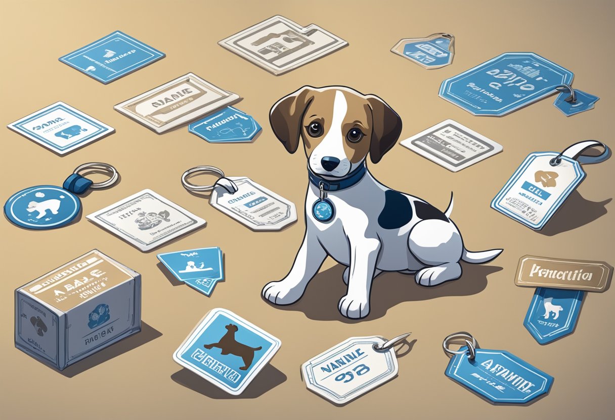 A playful puppy named Tucker surrounded by various name tags and signs with alternative names and variants