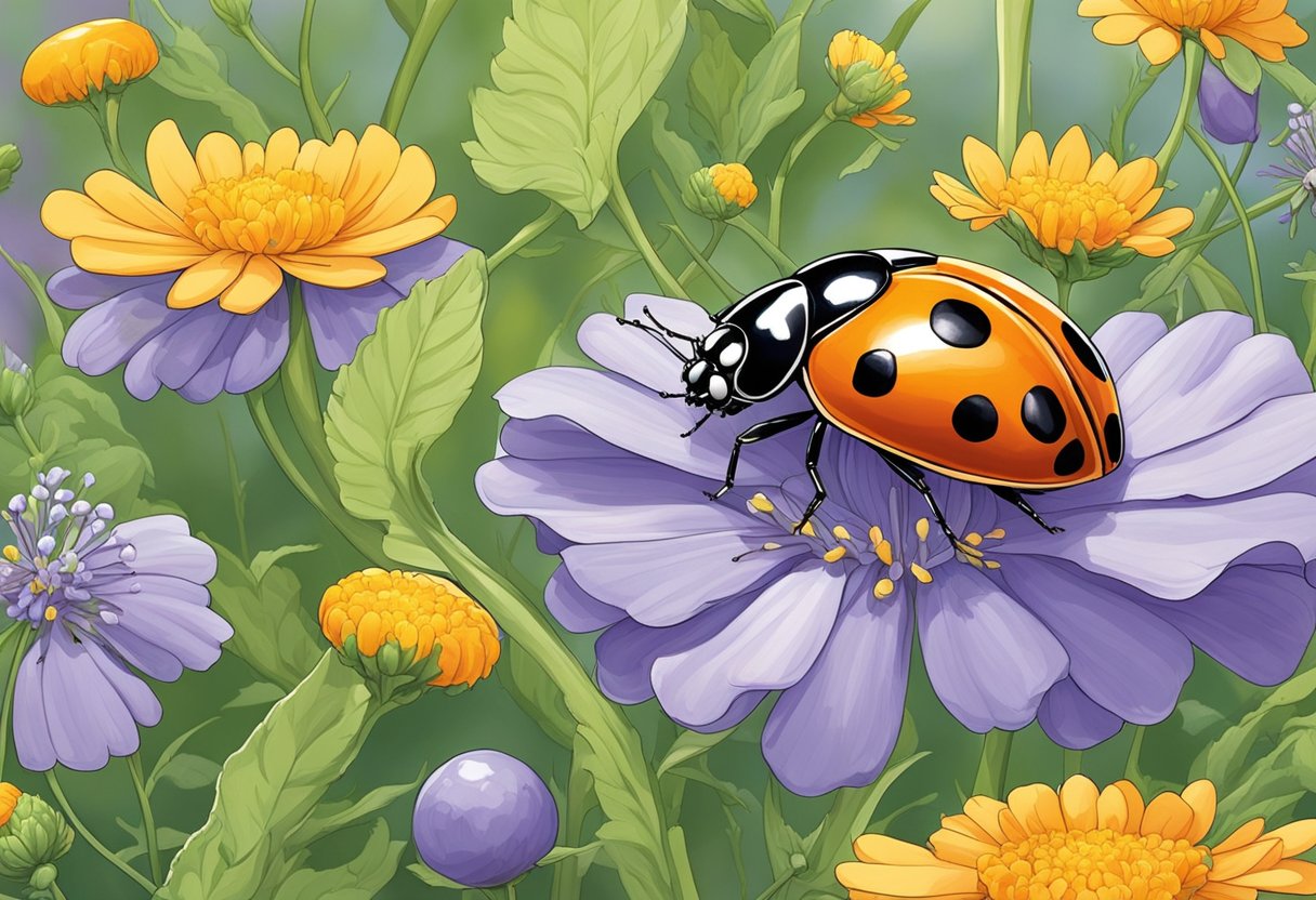 Ladybugs and praying mantises patrol the garden, feasting on aphids and other pests. Plants like marigolds and lavender emit scents that repel unwanted insects