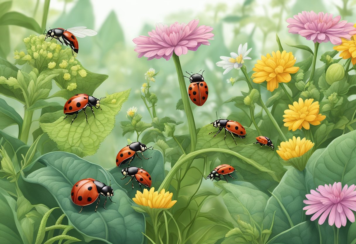 A garden scene with ladybugs and praying mantises hunting pests on plants