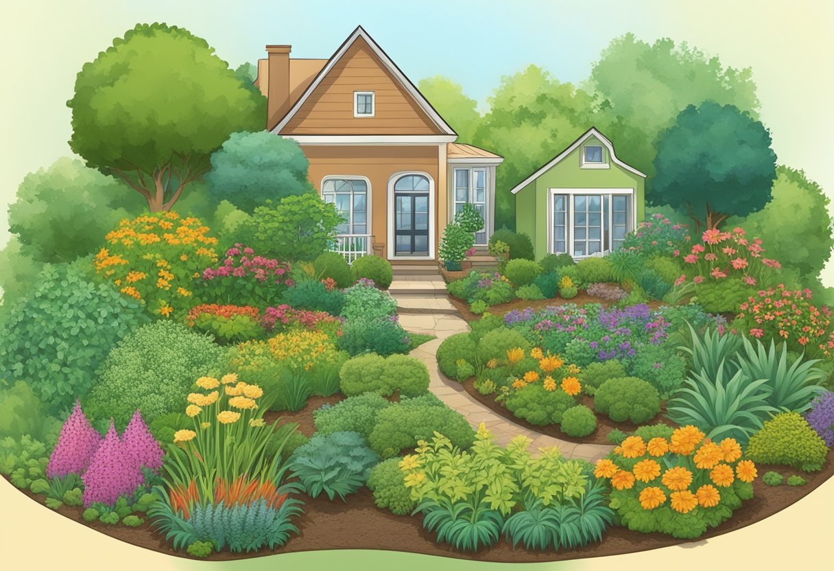 A garden with plants surrounded by natural pest control methods like companion planting, mulching, and using natural predators to keep pests at bay