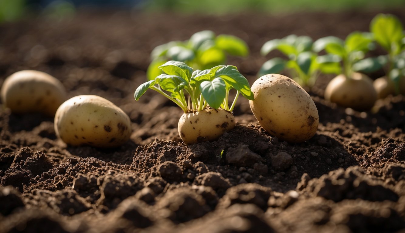 Russet potatoes being planted in rich soil, with green shoots emerging from the earth