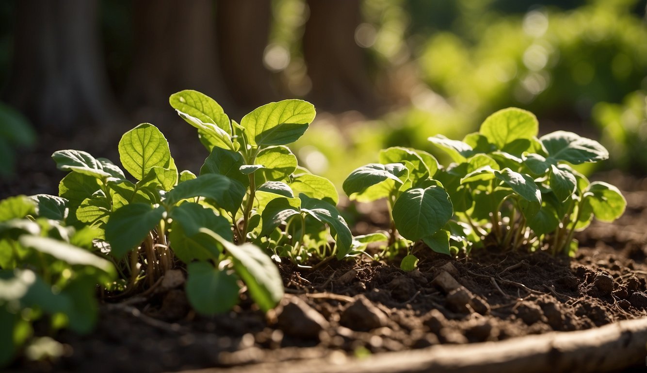 Lush green vines climb up wooden stakes, bearing clusters of russet potatoes nestled in the soil. Sunlight filters through the leaves, casting dappled shadows on the healthy plants