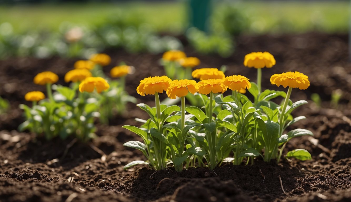 Healthy russet potato plants surrounded by natural pest deterrents, such as marigolds and garlic, with signs of disease-free leaves and soil mulch