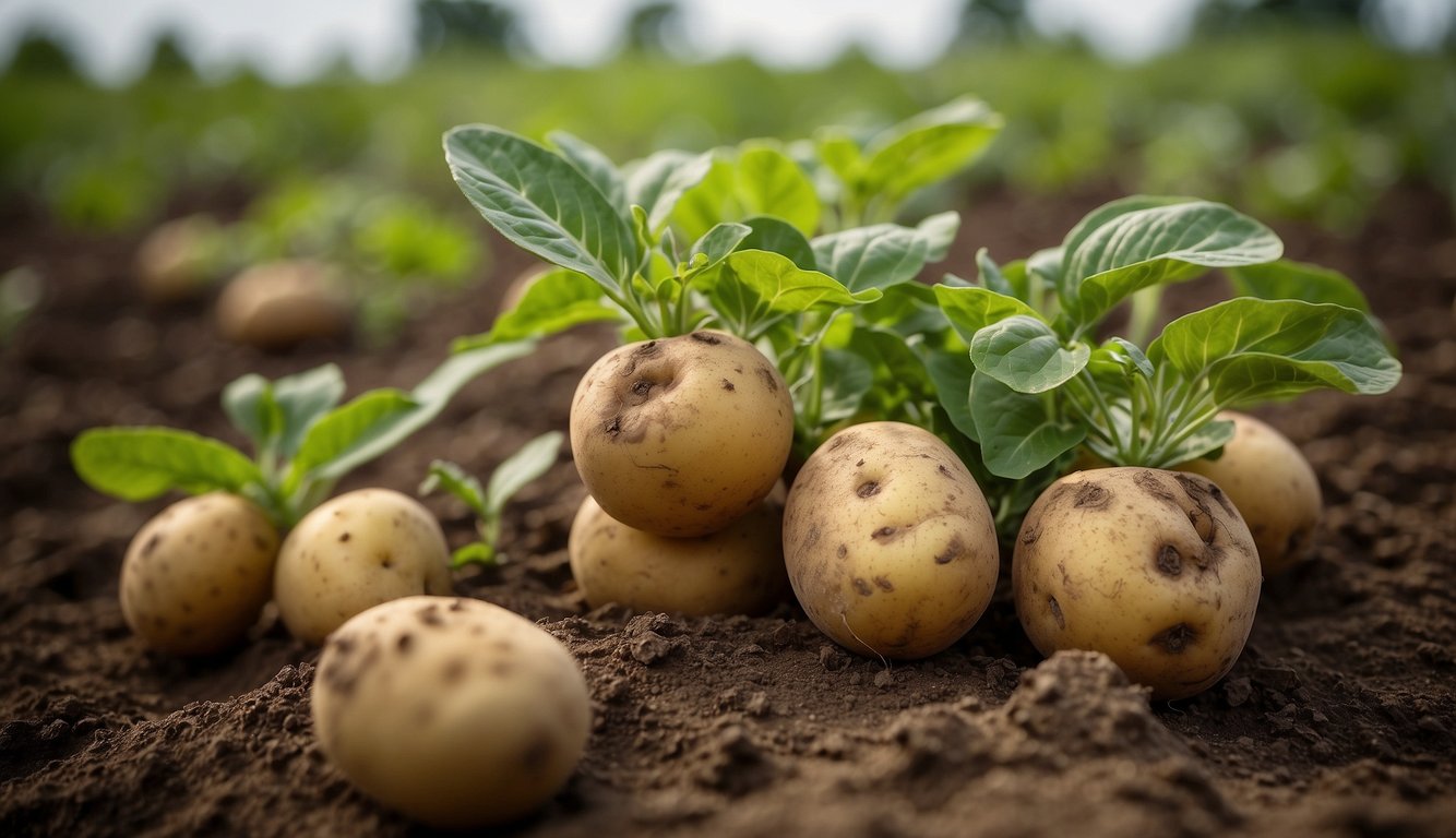 Healthy russet potatoes grow organically in a sustainable farm