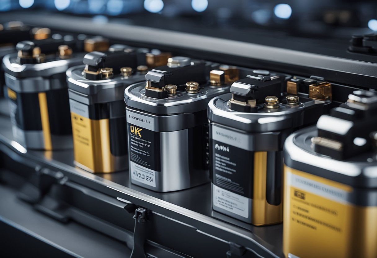 A row of sleek, high-end car batteries gleam under bright showroom lights. Labels boast advanced technology and premium materials
