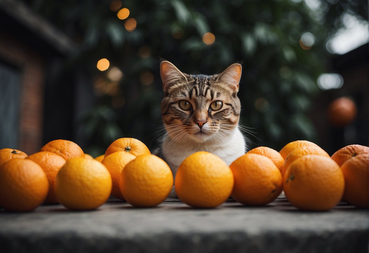 Oranges sit out of reach from a curious cat, with a warning sign nearby