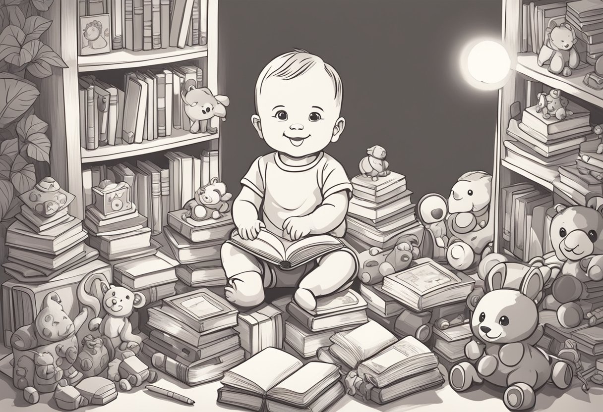 A smiling baby name Valerie surrounded by diverse group of toys and books, evoking warmth and nurturing environment