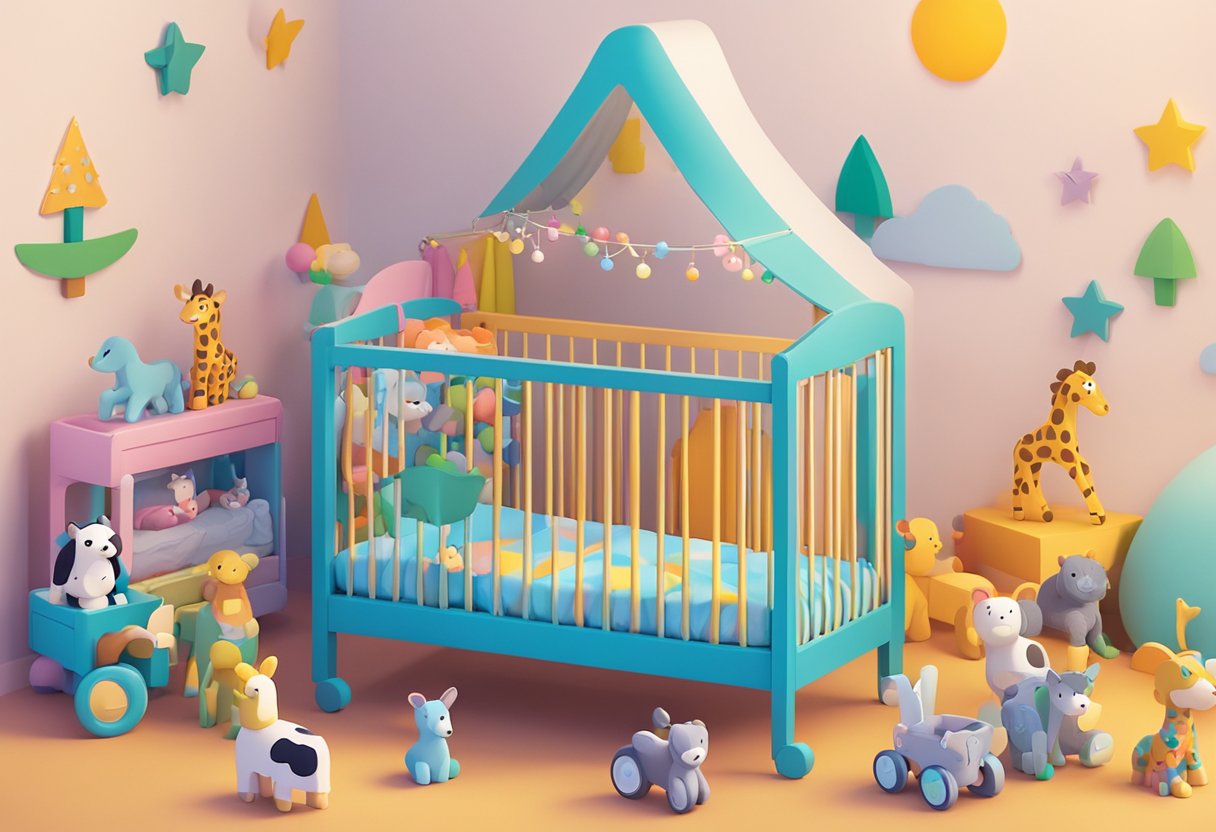 A crib with "Vance" written on it in colorful letters, surrounded by toys and a mobile with animal shapes