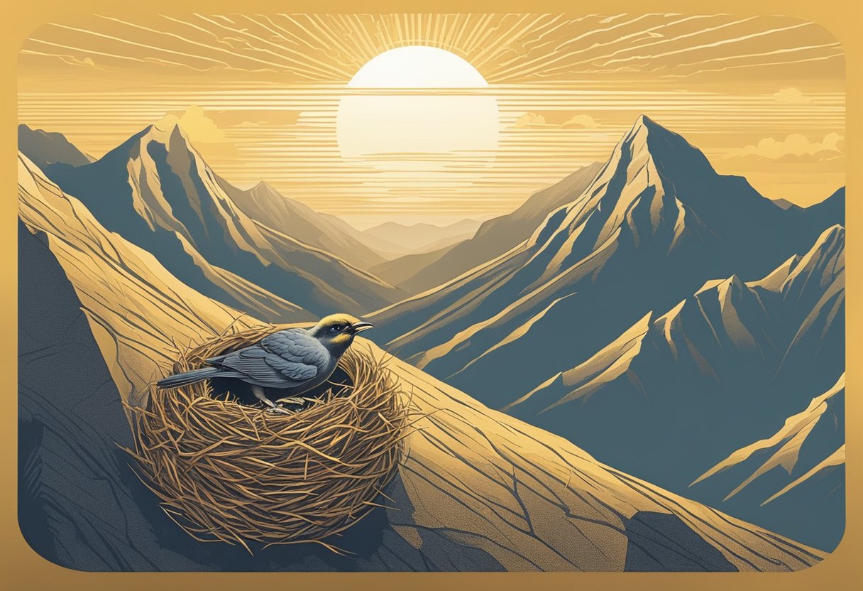 A golden sunrise over a mountain peak with a baby bird emerging from its nest, symbolizing the origin and meaning of the name Vance