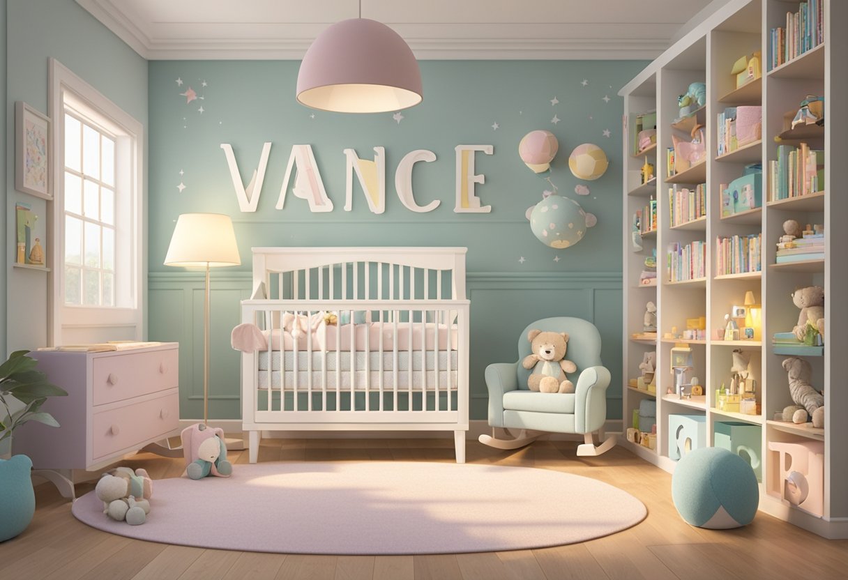 A soft, pastel nursery with "Vance" spelled out in large, playful letters on the wall. A cozy rocking chair sits in the corner, surrounded by shelves of children's books and toys