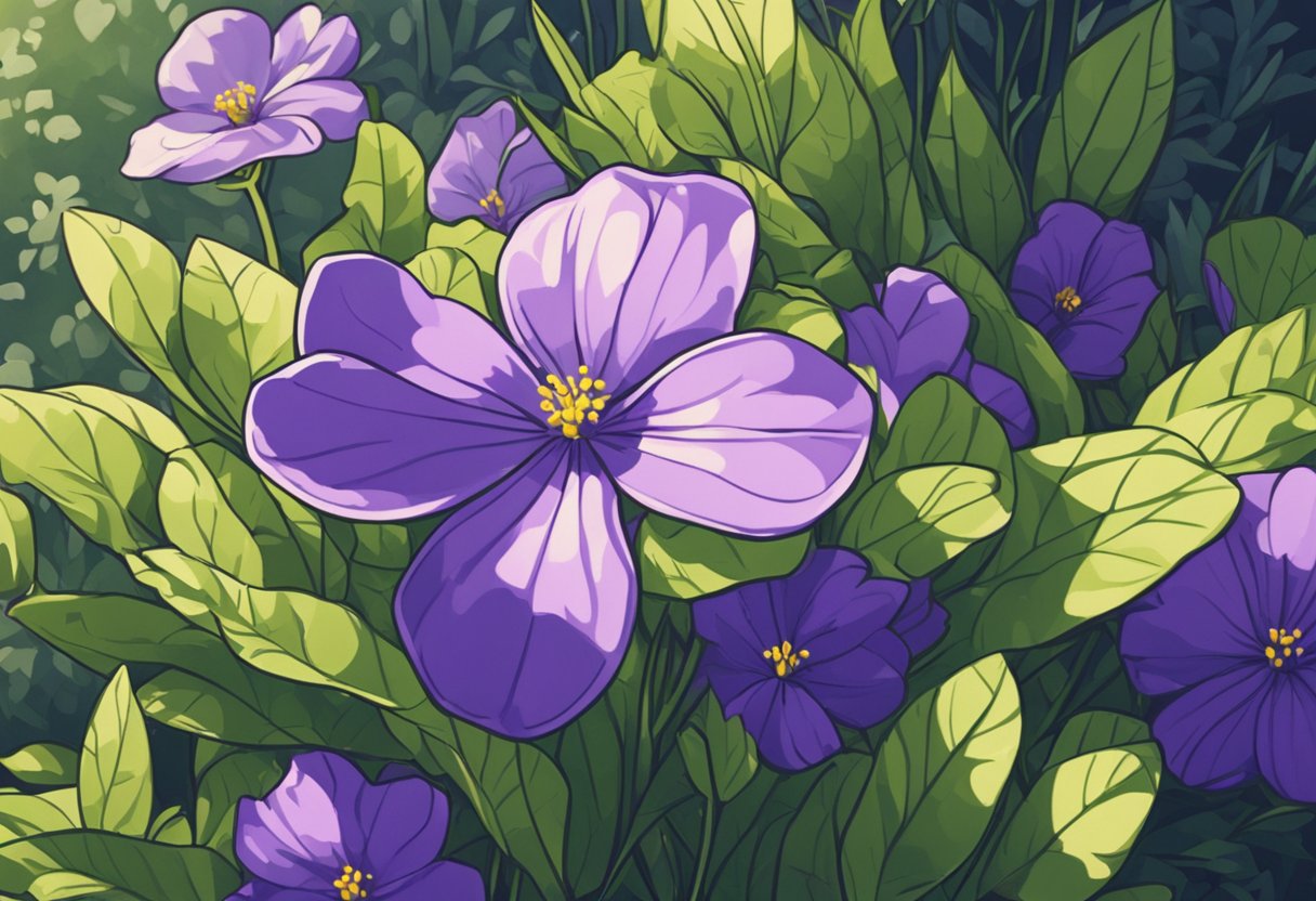 A small violet flower blooms in a sun-dappled garden