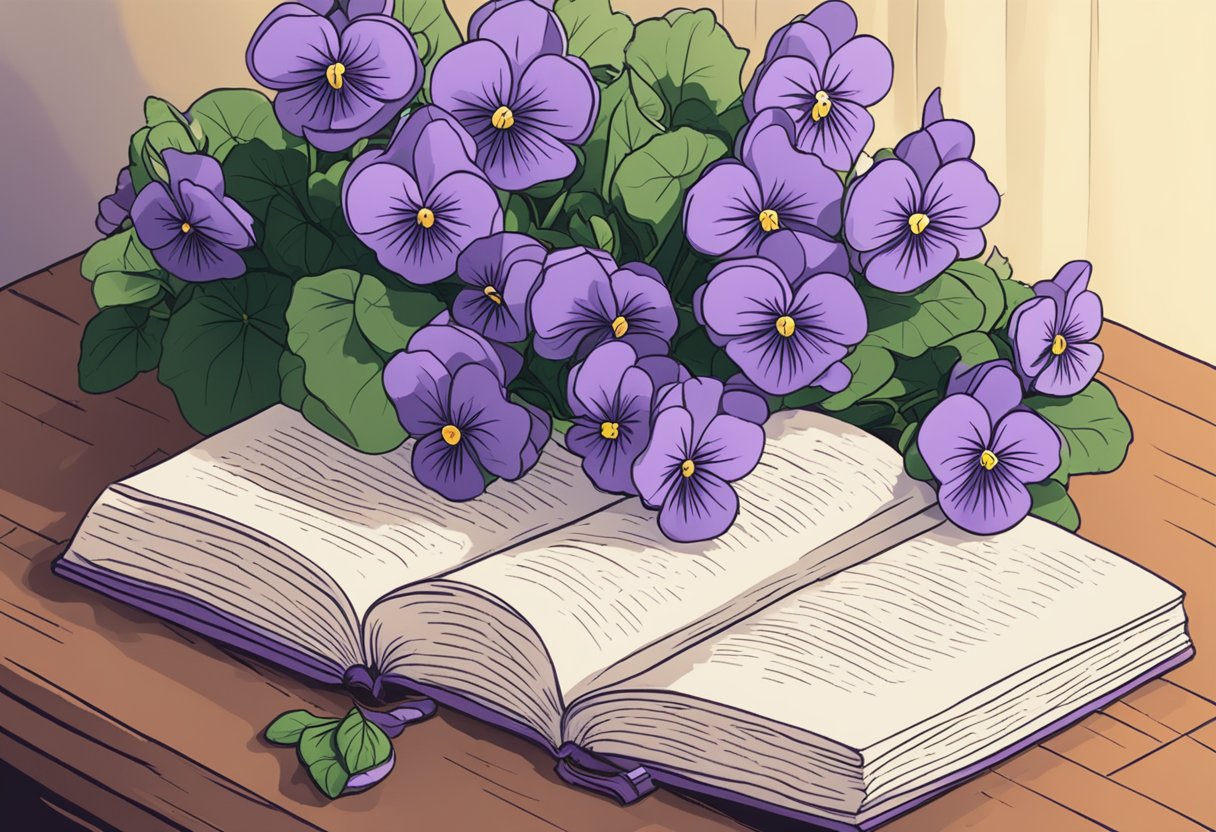 A bouquet of violets sits on a table, with a baby name book open beside it