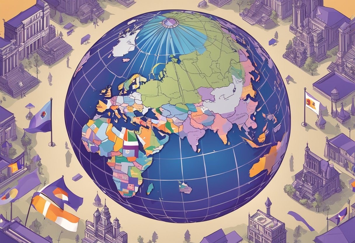 A globe with "Violet" written in bold letters, surrounded by diverse flags and landmarks