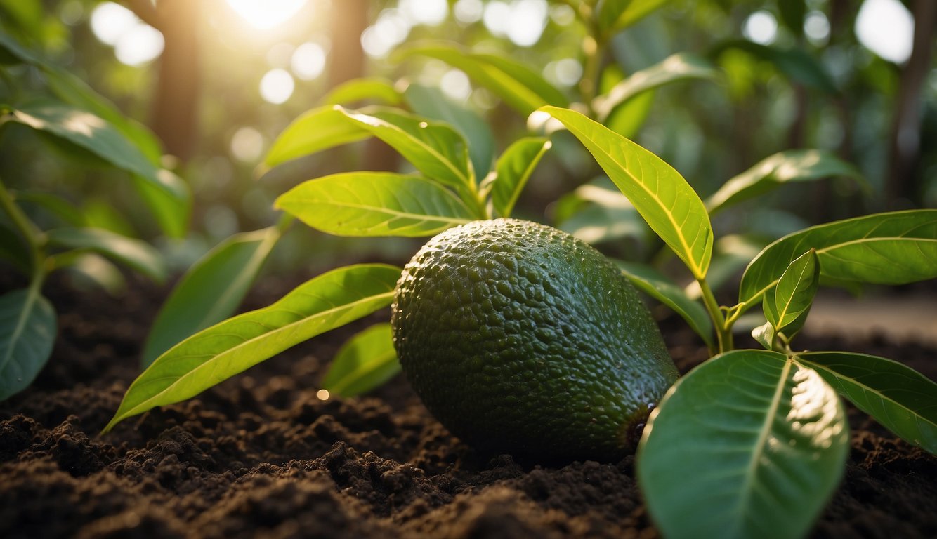 Sunlight shines on a lush, green avocado tree surrounded by rich, well-draining soil. The tree is well-watered and protected from strong winds, creating optimal growing conditions for healthy avocado fruit