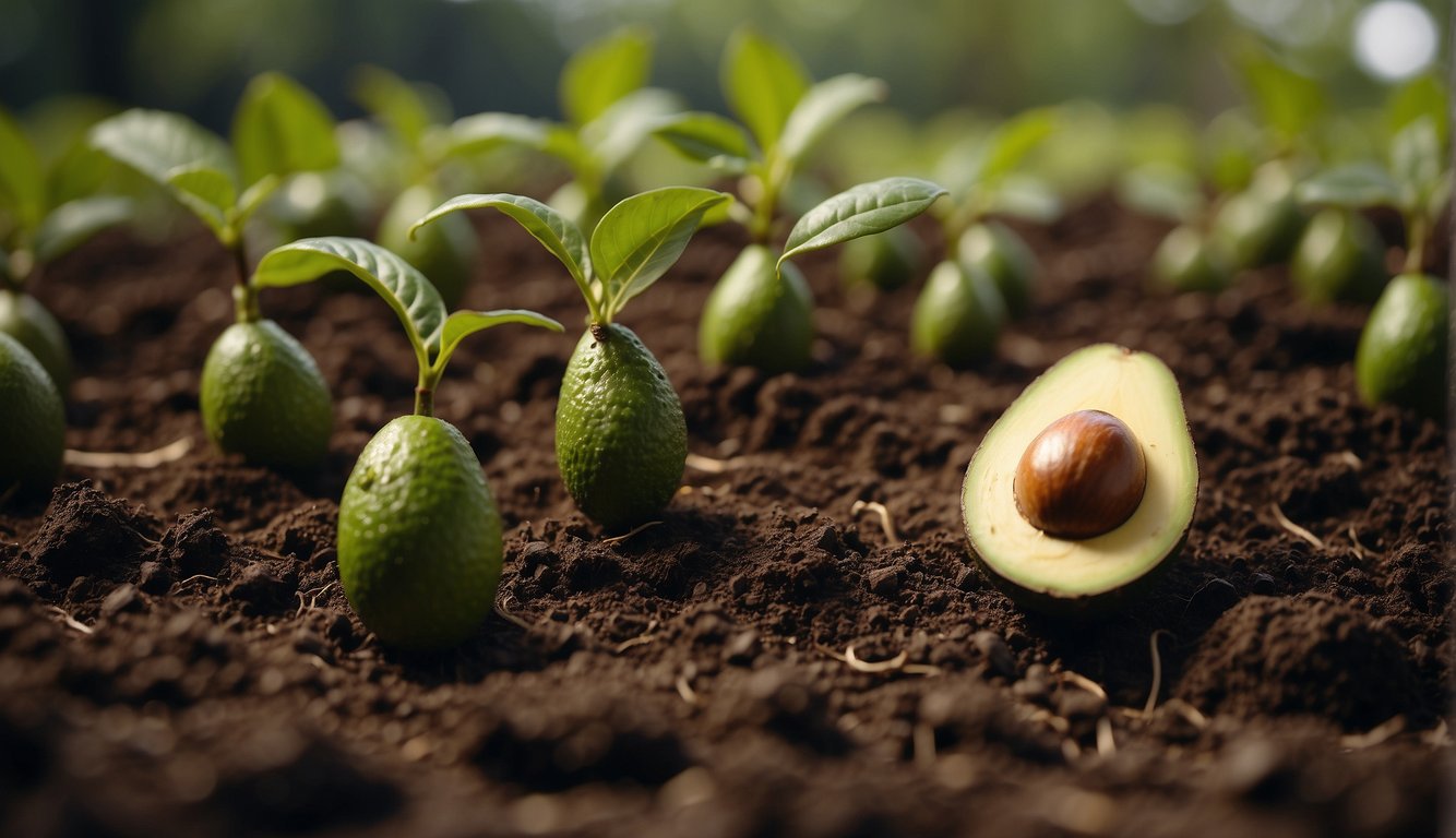 Avocado seeds sprout in soil, growing into small saplings. The saplings develop into young avocado trees, with green leaves and a sturdy trunk