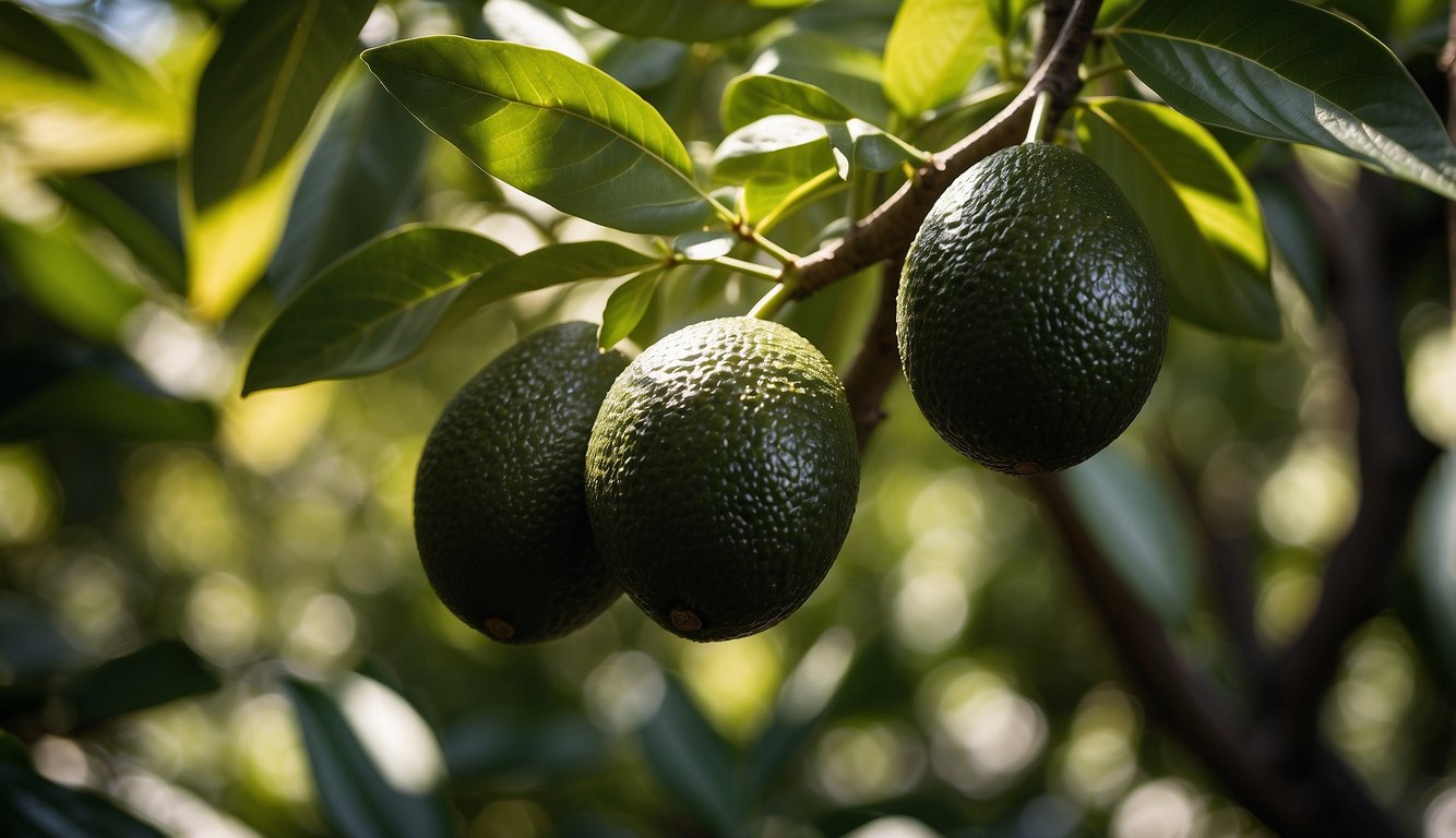 Avocado trees with large, glossy leaves and small, green fruit growing in clusters on the branches. Sunlight filters through the dense foliage, casting dappled shadows on the ground below