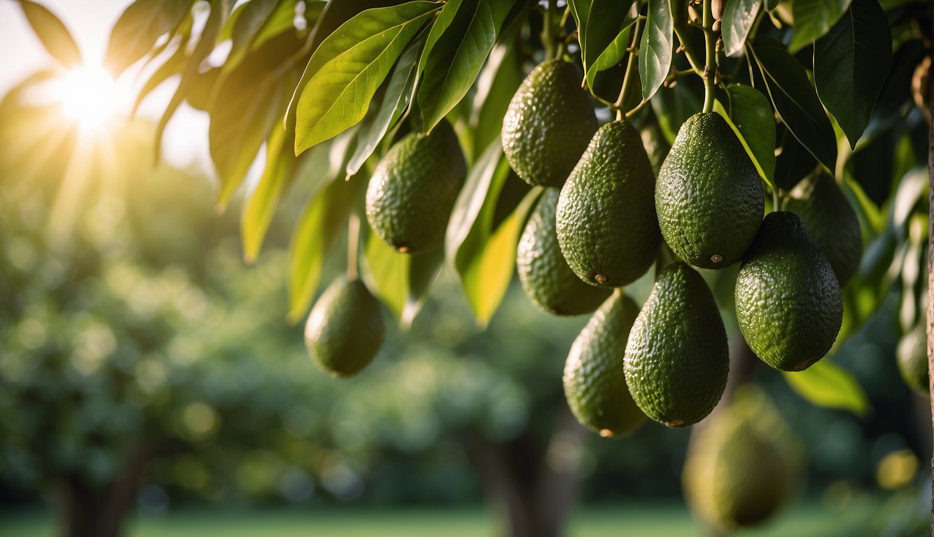 An avocado tree stands tall in a lush orchard, with large, green, pear-shaped fruits hanging from its branches. The tree is surrounded by vibrant green foliage, and the sun shines down, illuminating the scene