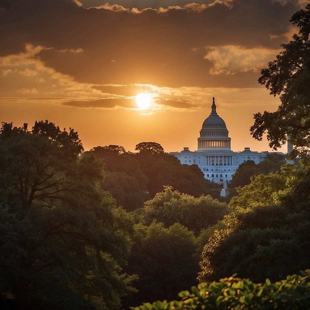 The sun sets behind the iconic monuments, casting a warm glow over the historic buildings and lush greenery of Washington DC. The city's rich heritage is evident in the intricate architecture and grandeur of the landmarks