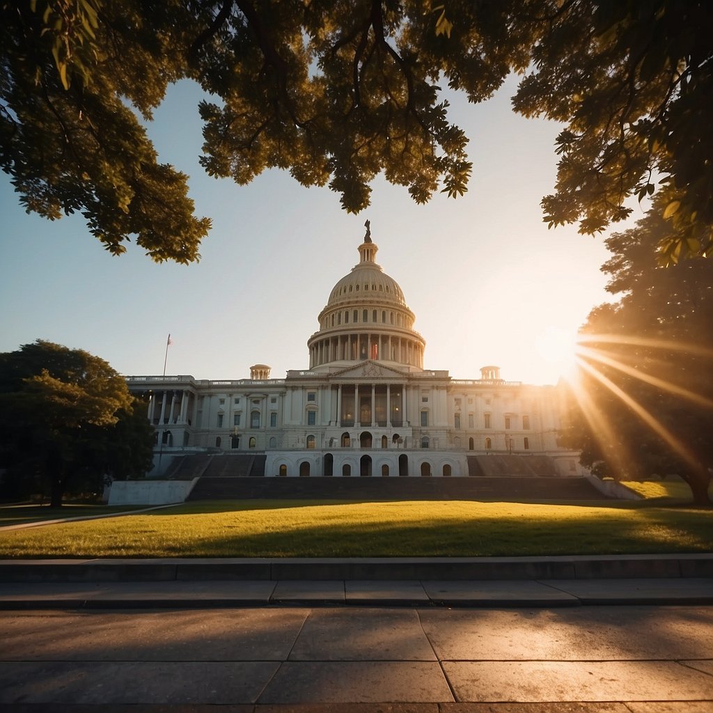 The sun rises over the grand dome of the Capitol Building, casting a warm glow on the surrounding neoclassical architecture and lush greenery