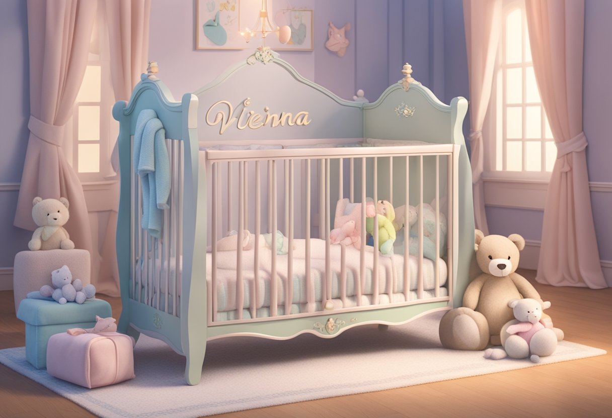 A crib with the name "Vienna" written on it in elegant script, surrounded by soft, pastel-colored toys and a cozy blanket