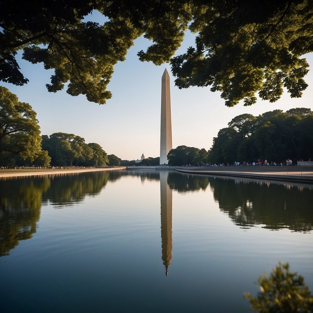 The Washington Monument rises tall against a clear blue sky, while the Lincoln Memorial stands stoically overlooking the Reflecting Pool. The Capitol building looms in the distance, surrounded by lush greenery