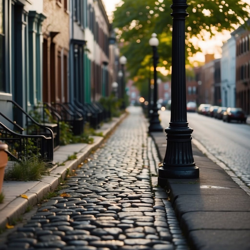 A cobblestone street winds past row houses with ornate facades, towering over narrow sidewalks. Gas lamps illuminate the historic neighborhood, transporting visitors to a bygone era