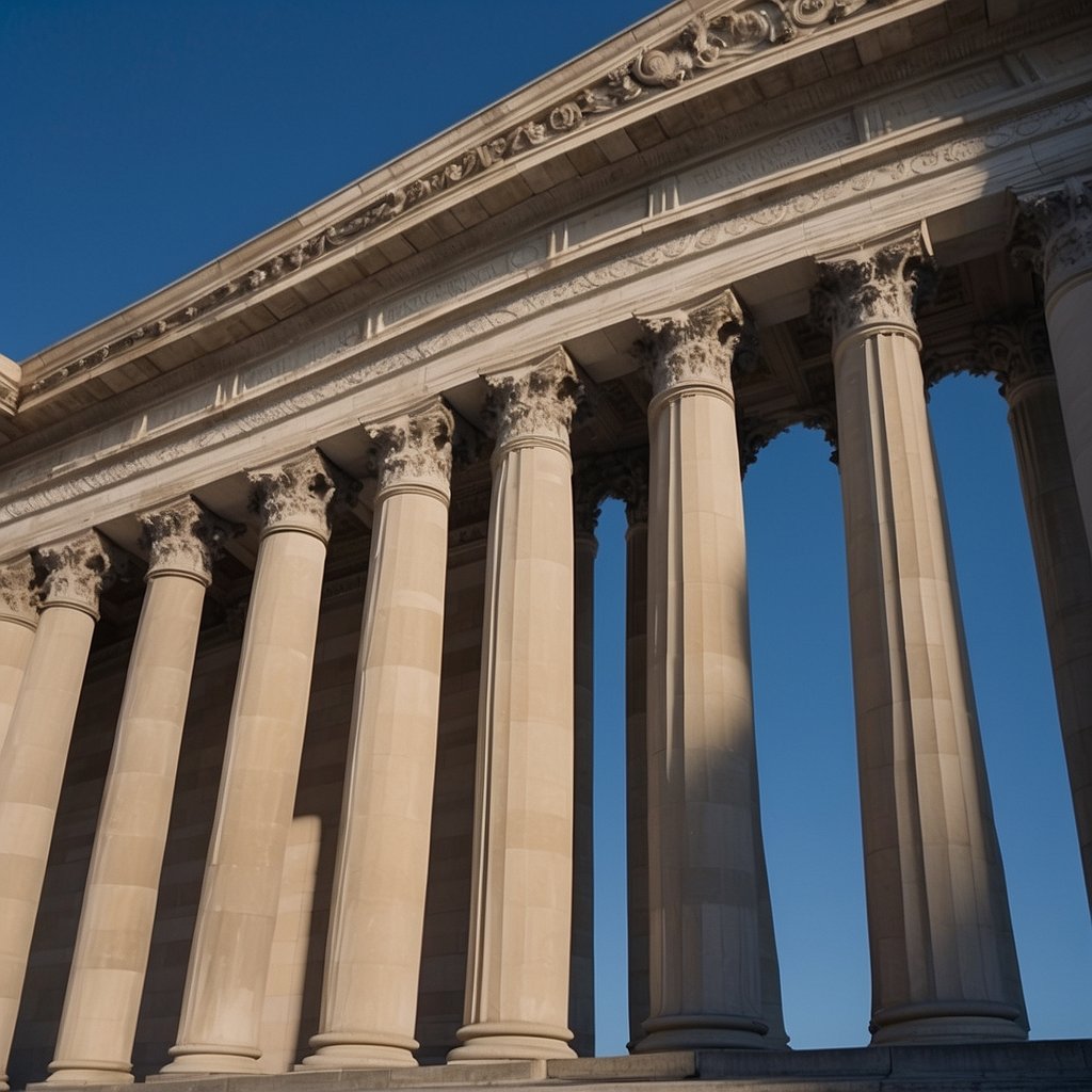 The grand columns of the National Archives stand tall against a backdrop of blue sky, while the intricate carvings of the Library of Congress adorn the exterior of the historic building