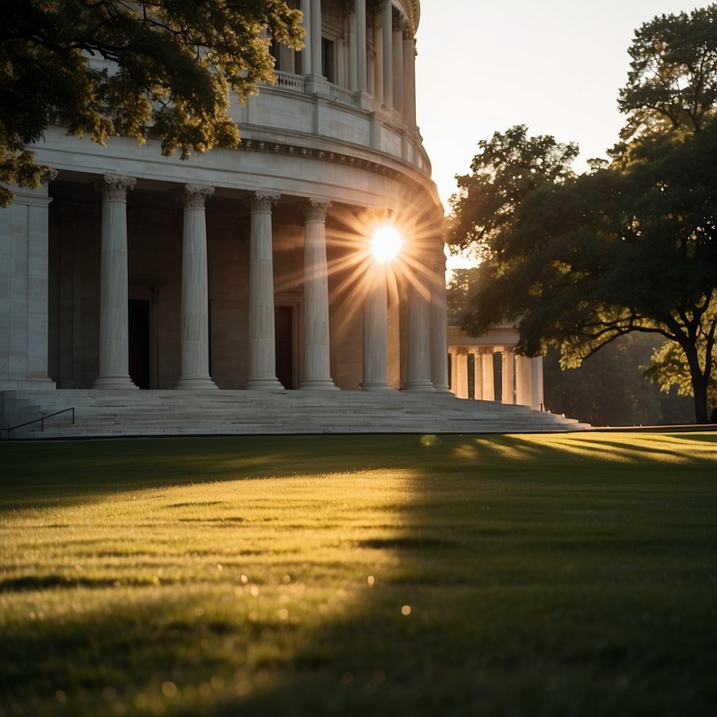 The grand marble columns of the Capitol Building stand tall, casting long shadows on the lush green lawn. The sun sets behind the iconic structure, bathing it in a warm golden glow