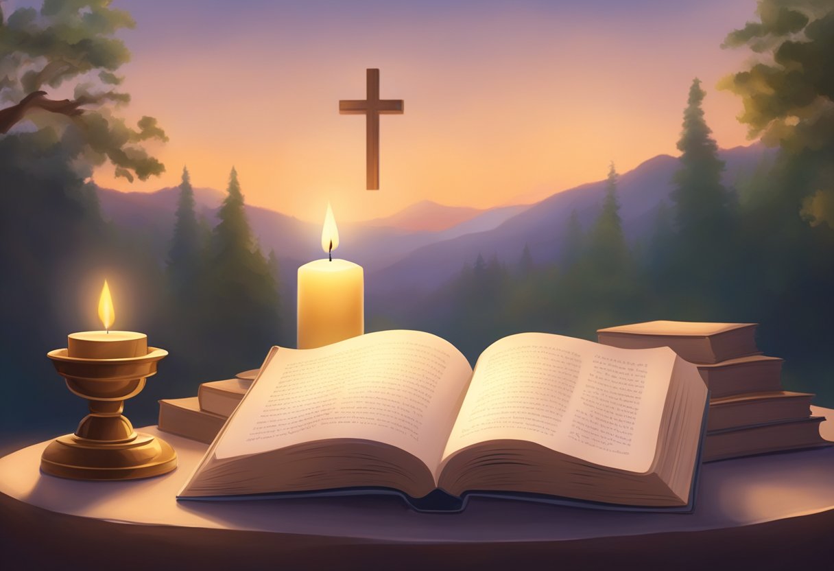 A serene setting with an open book, a candle, and a cross, surrounded by soft light and a feeling of peace