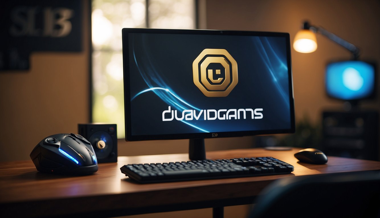 DusDavidGames logo displayed on a computer screen with gaming equipment in the background