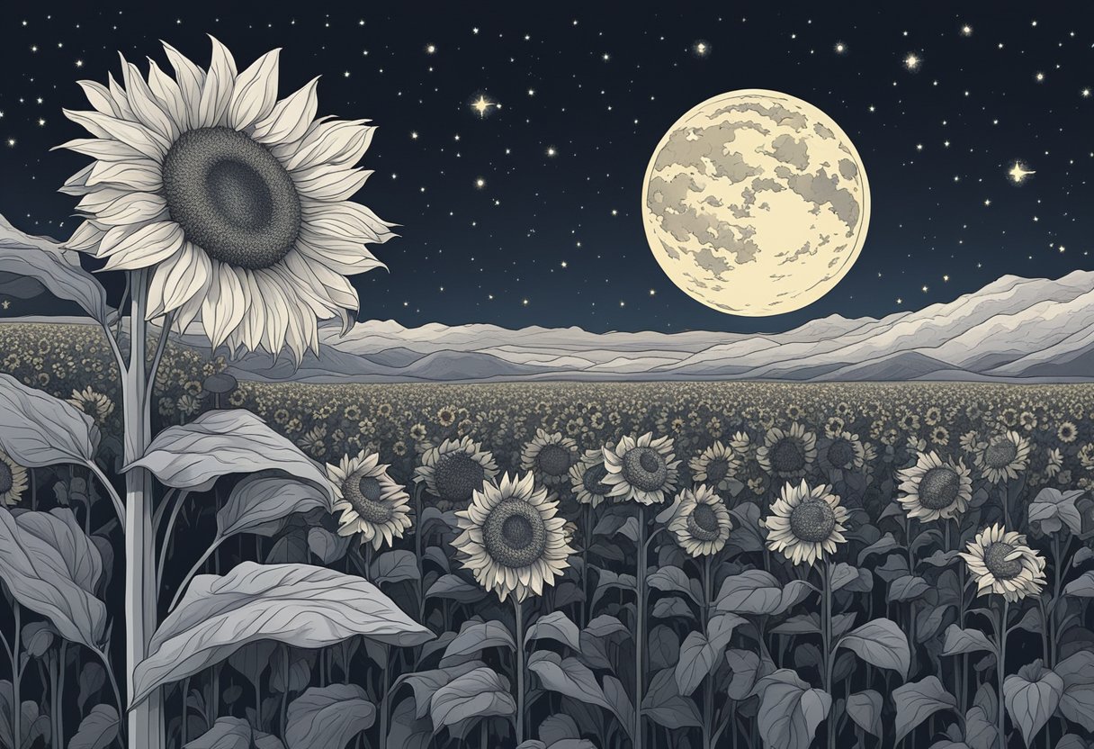 A star-filled night sky with a bright moon shining down, casting a soft glow on a field of sunflowers swaying gently in the breeze