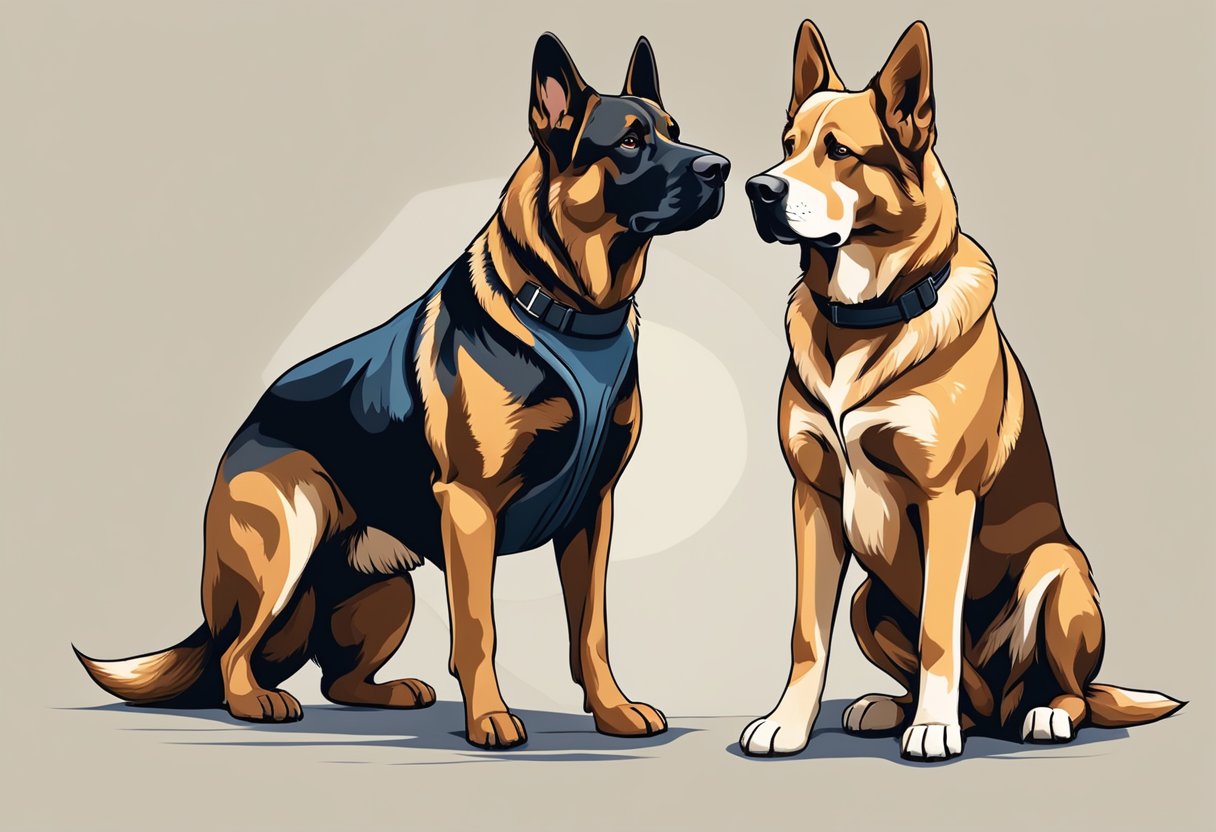 Two large, alert dogs stand side by side, ears perked and muscles tense, ready to protect their territory