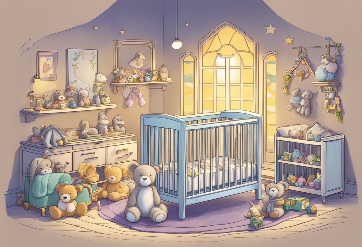 A crib with "Victoria" written on it, surrounded by toys and a stuffed animal