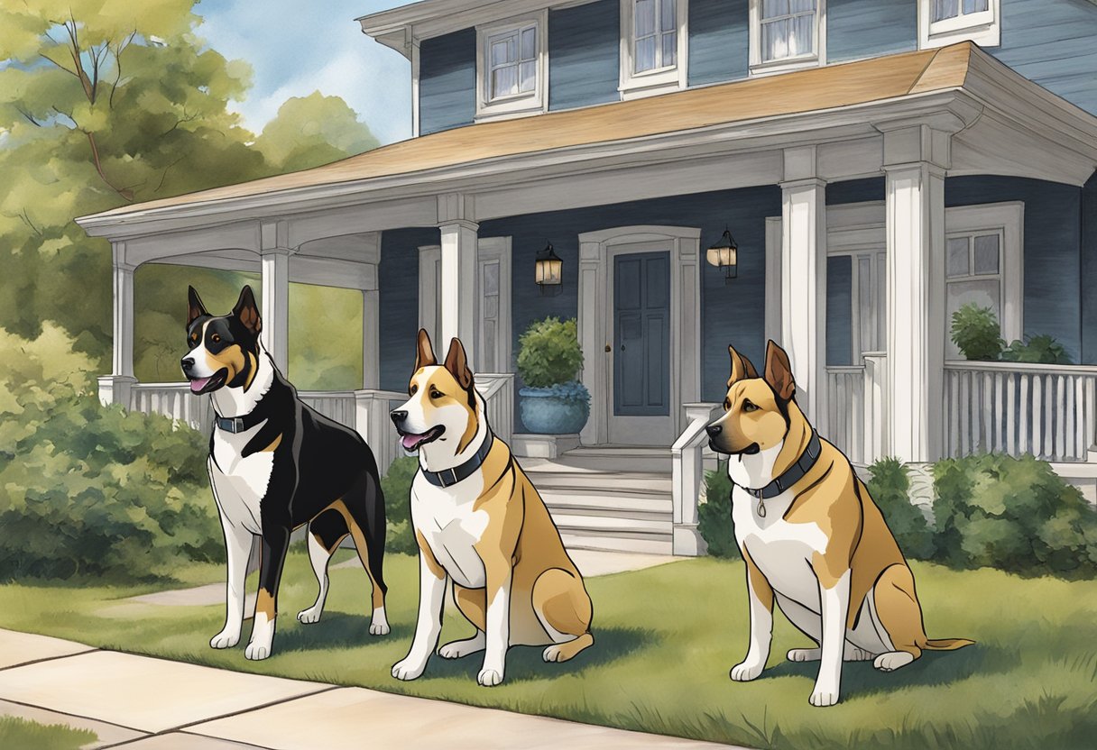 Two large guard dogs stand alert, positioned at the entrance of a property. Signs display legal responsibilities and considerations for owning guard dogs
