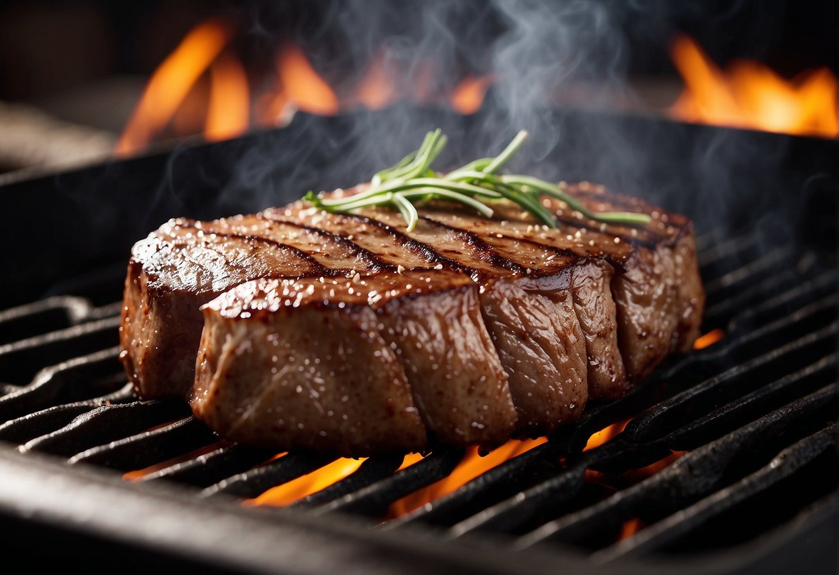 A sizzling entrecôte steak cooks on a smoky BBQ grill, charring and caramelizing as it releases a mouthwatering aroma