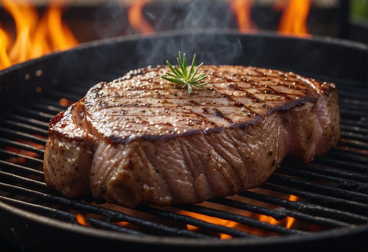 An entrecôte steak being prepared on a BBQ grill