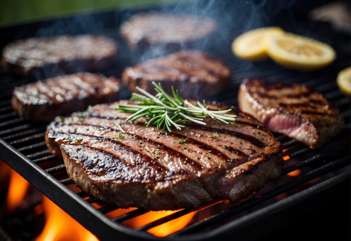 A sizzling entrecôte steak grilling on the BBQ