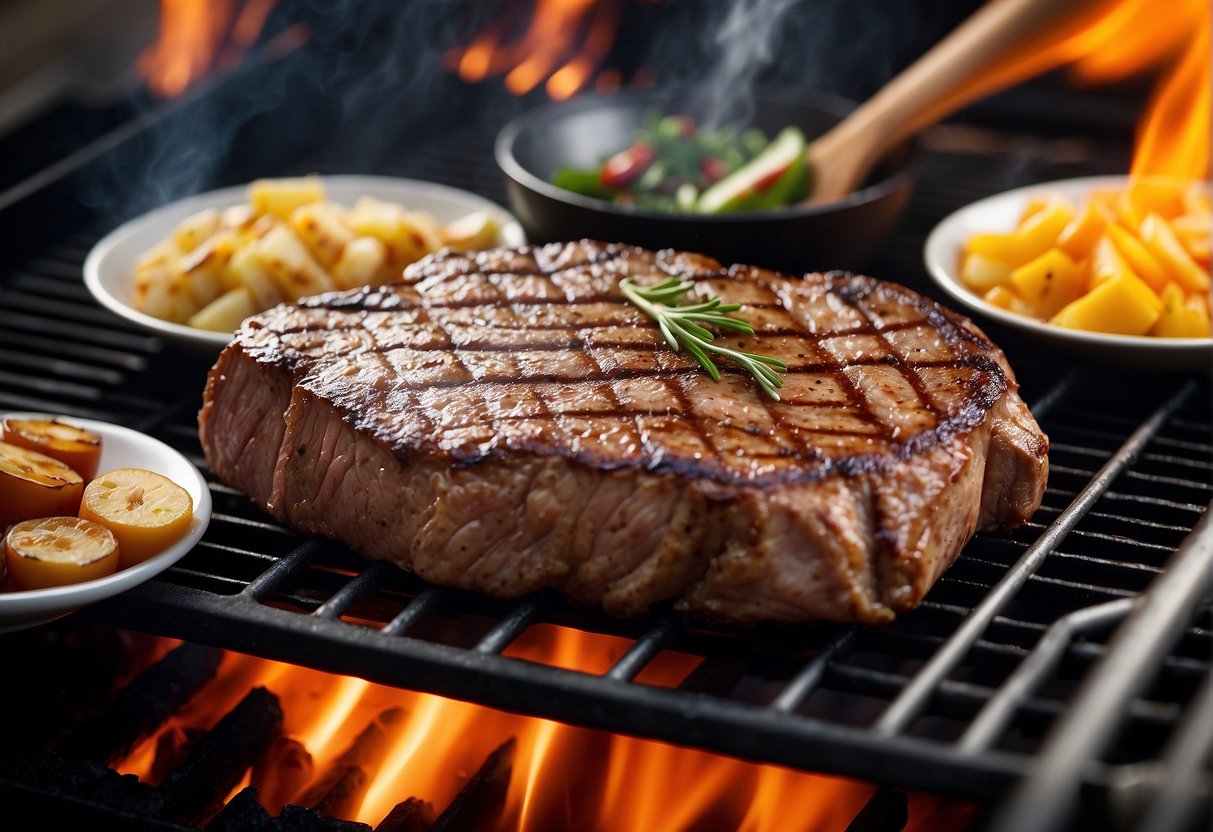 A sizzling entrecôte steak grilling on a BBQ, surrounded by various side dishes and sauces