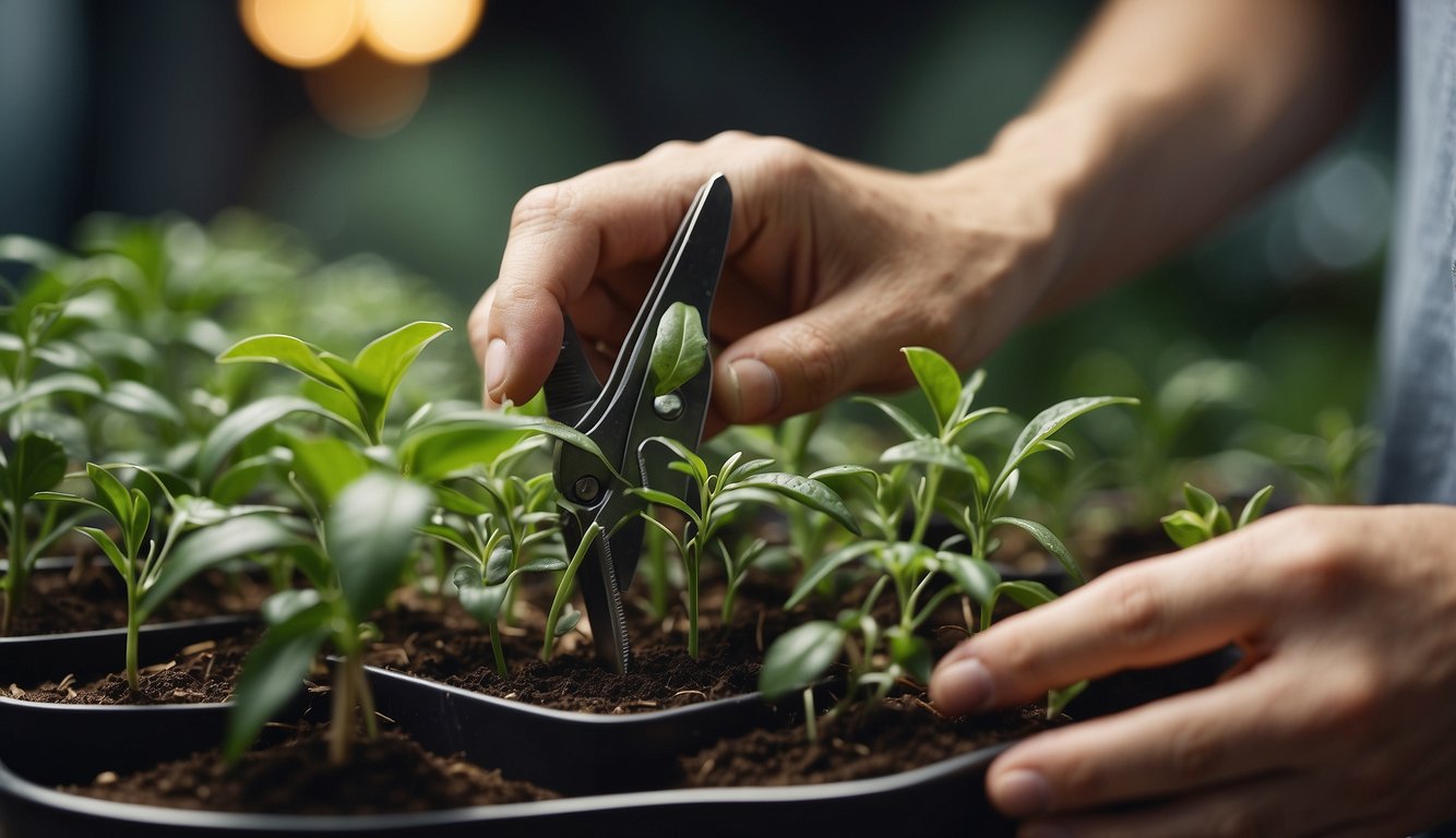 A hand holding scissors cuts a healthy stem from a tradescantia plant, while another hand prepares the cutting for propagation