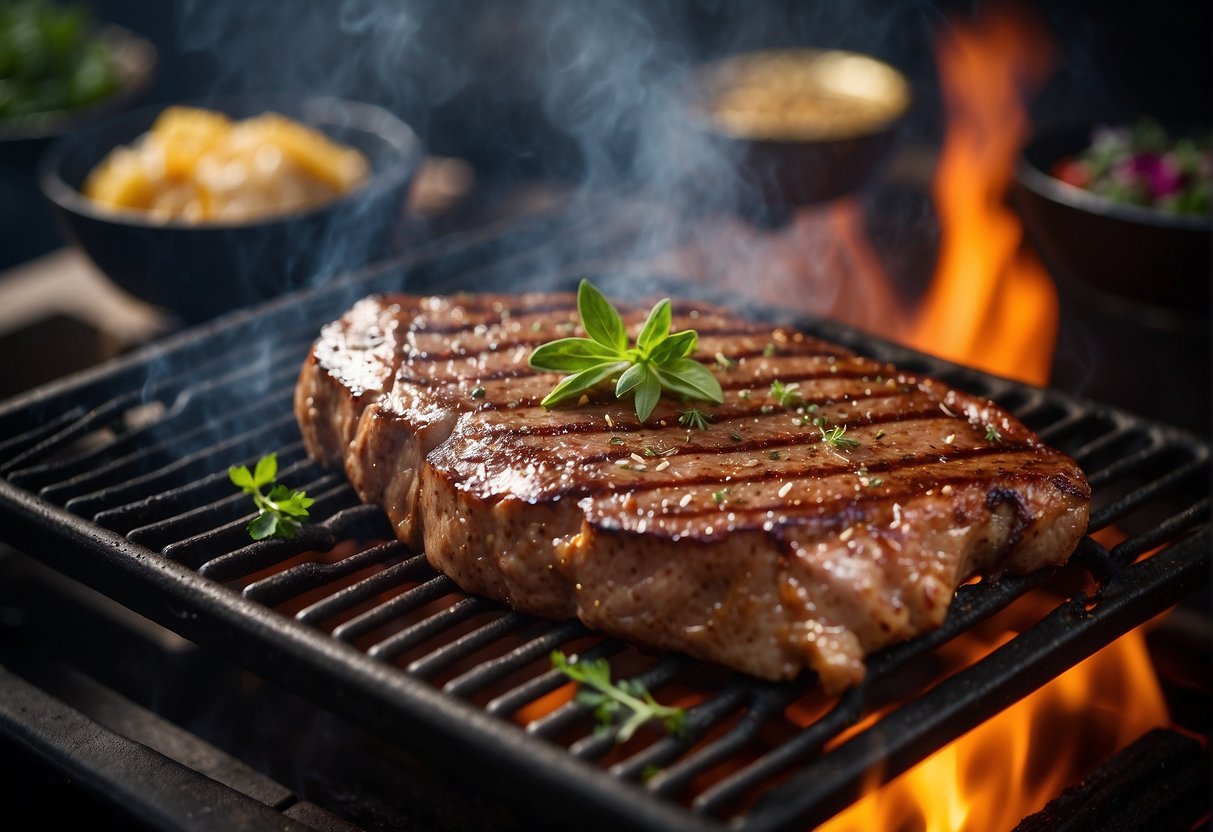 A sizzling entrecôte steak grilling on a barbecue, surrounded by flavorful herbs and spices, with wisps of smoke rising from the hot grill