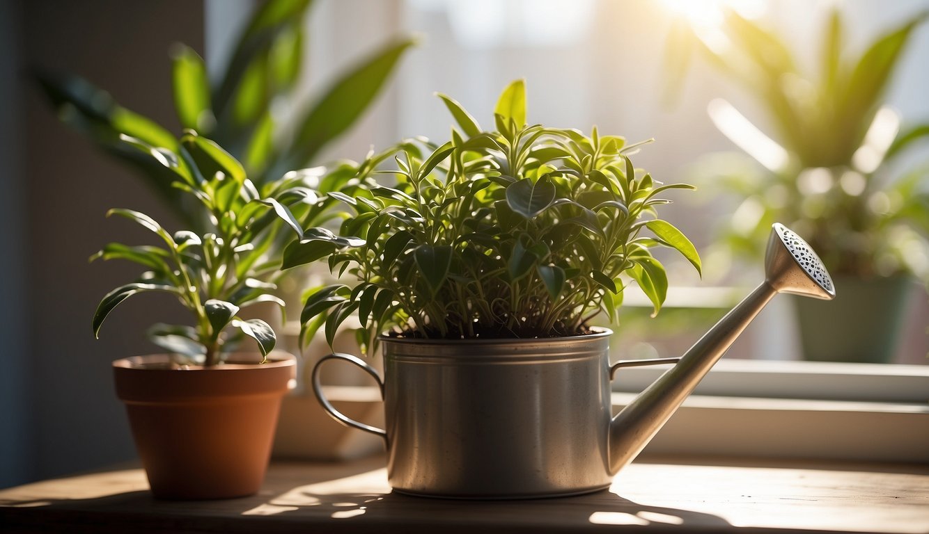 A hand holding a small pot with newly propagated tradescantia cuttings, a watering can nearby, and a bright, sunny window in the background