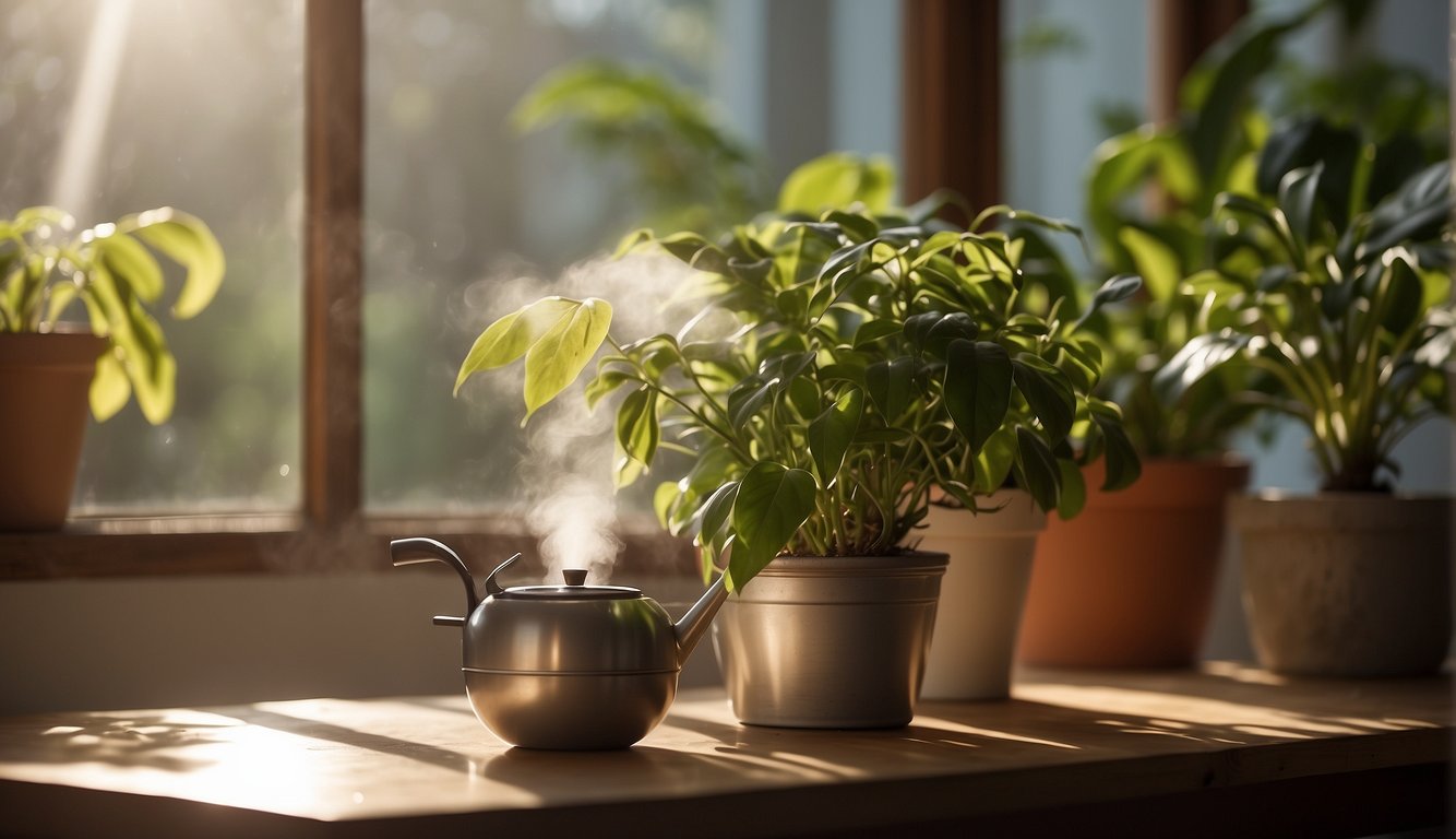 Sunlight filters through a window onto a table with a pot of tradescantia. A small humidifier emits a fine mist, while a watering can sits nearby