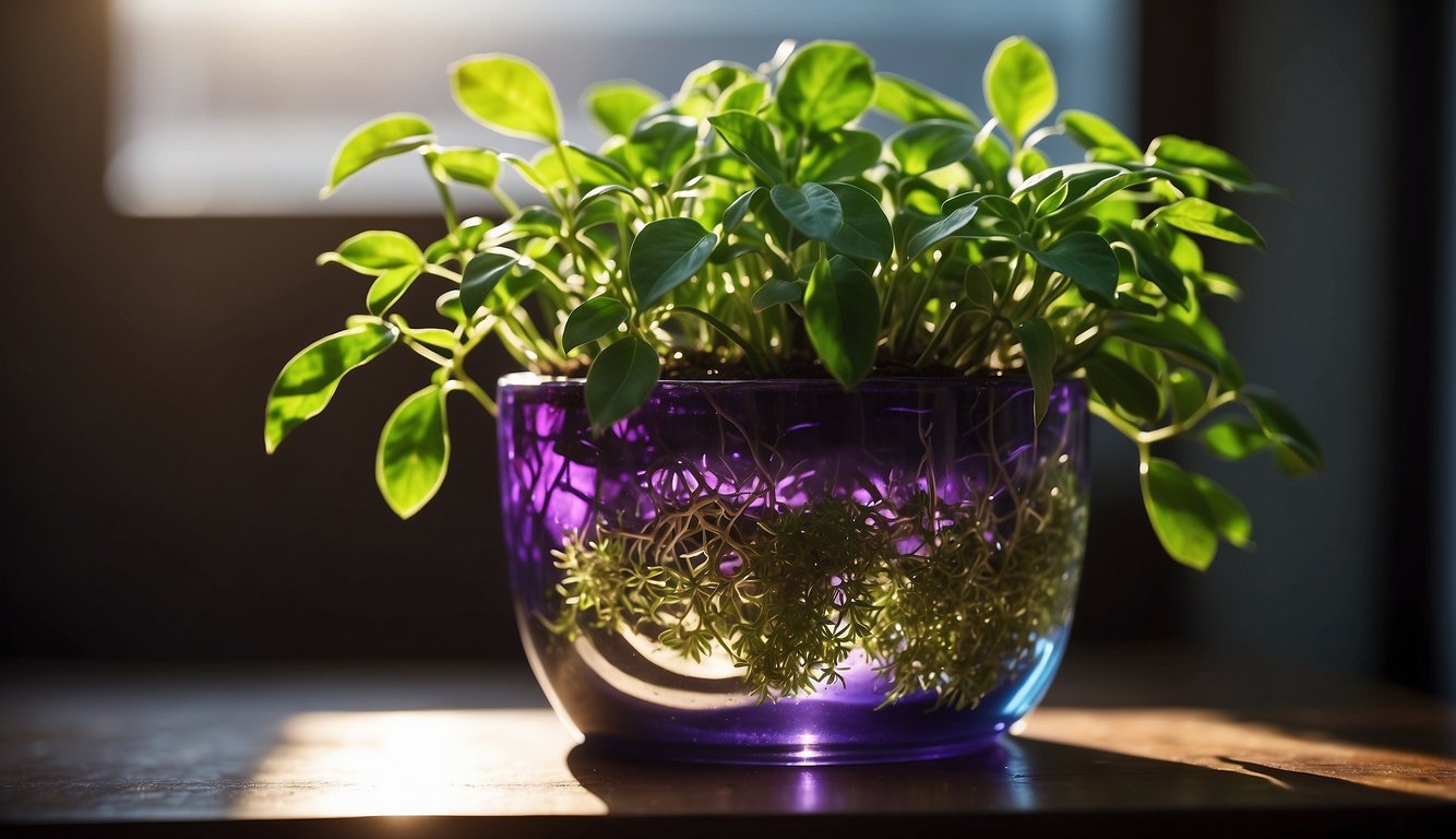 A pot filled with water, containing cuttings of Tradescantia plants with roots forming. Bright sunlight illuminates the scene, showcasing the vibrant green and purple leaves