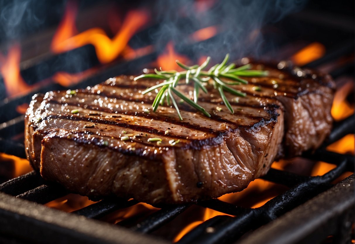 A sizzling entrecôte steak grilling on a BBQ, with smoke rising and flames licking the edges. The steak is perfectly charred and juicy, ready to be served